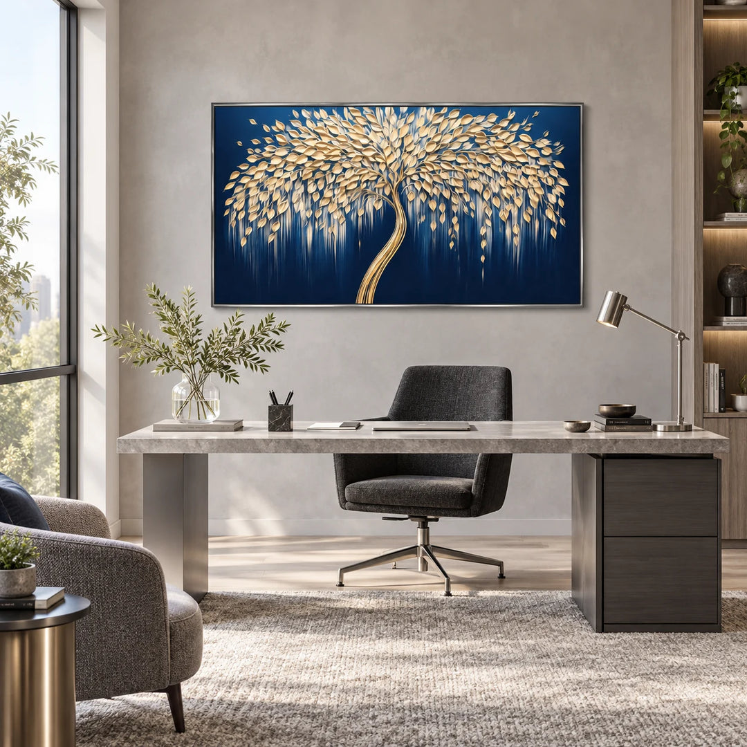 AA2329 Midnight Gold Willow Tree Painting in silver frame, full styled home interior