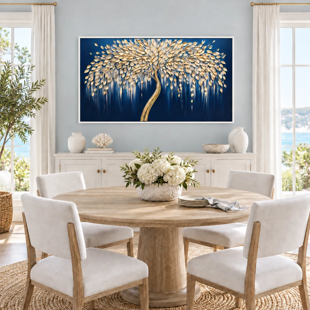 AA2329 Midnight Gold Willow Tree Painting in white frame, full styled home interior