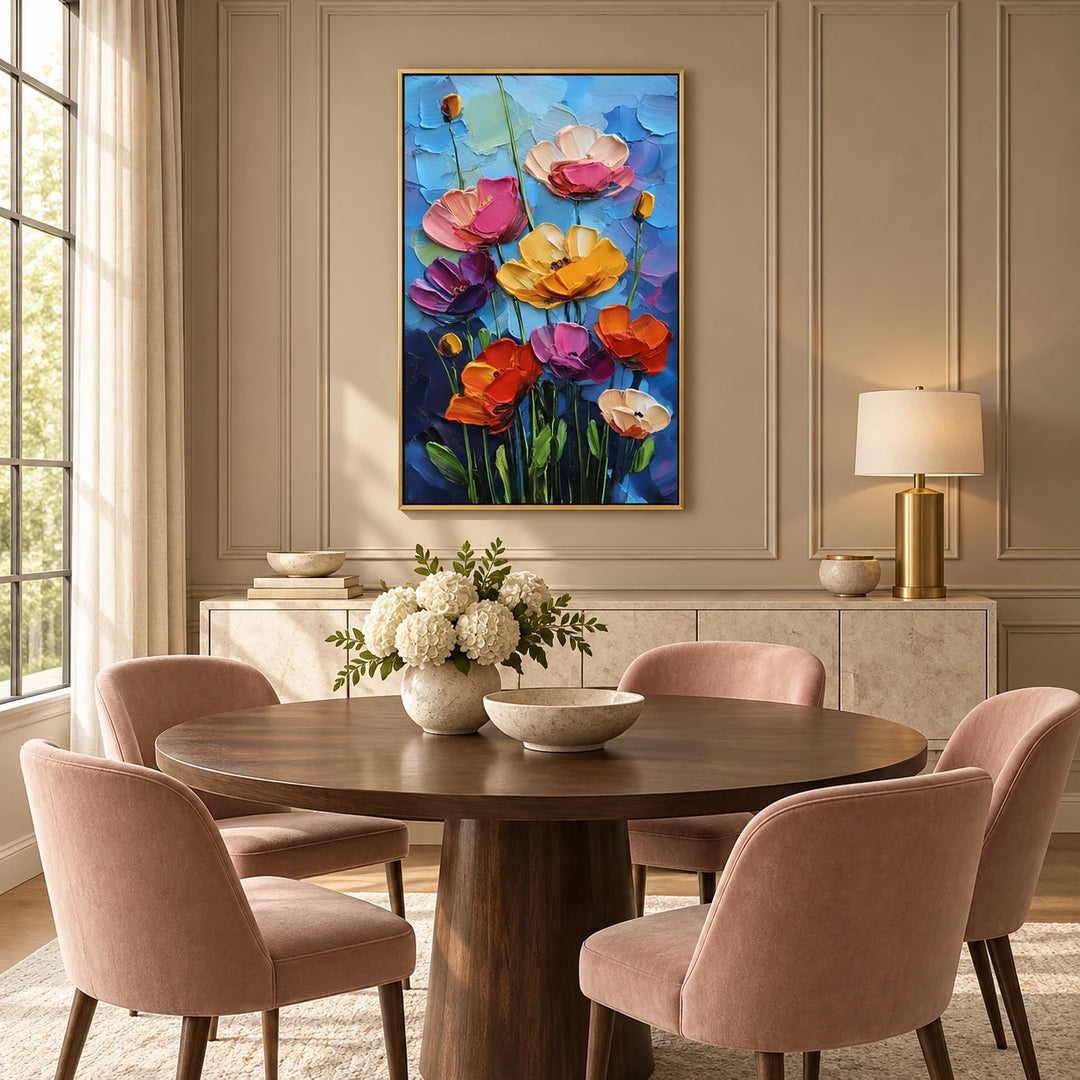 AA2330 Azure Bloom Garden Painting in gold frame, full styled home interior