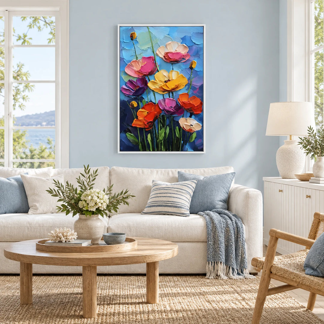 AA2330 Azure Bloom Garden Painting in white frame, full styled home interior