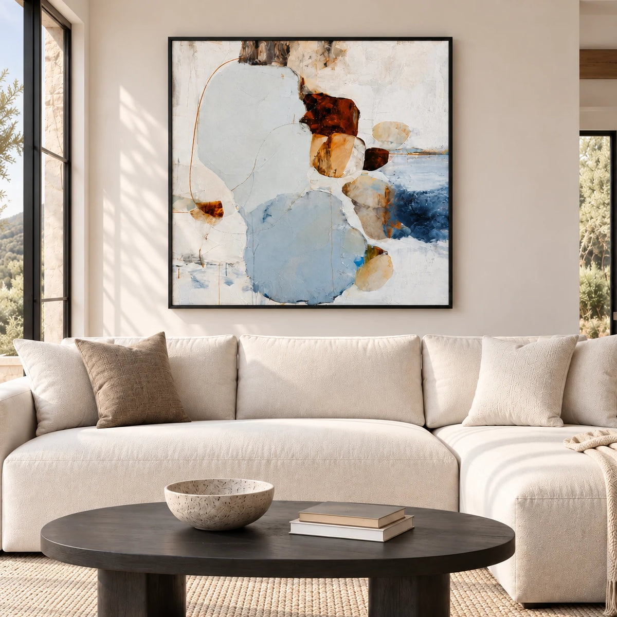 Same room with Soft Circle Abstract Wall Art AA#3002 in Black Frame