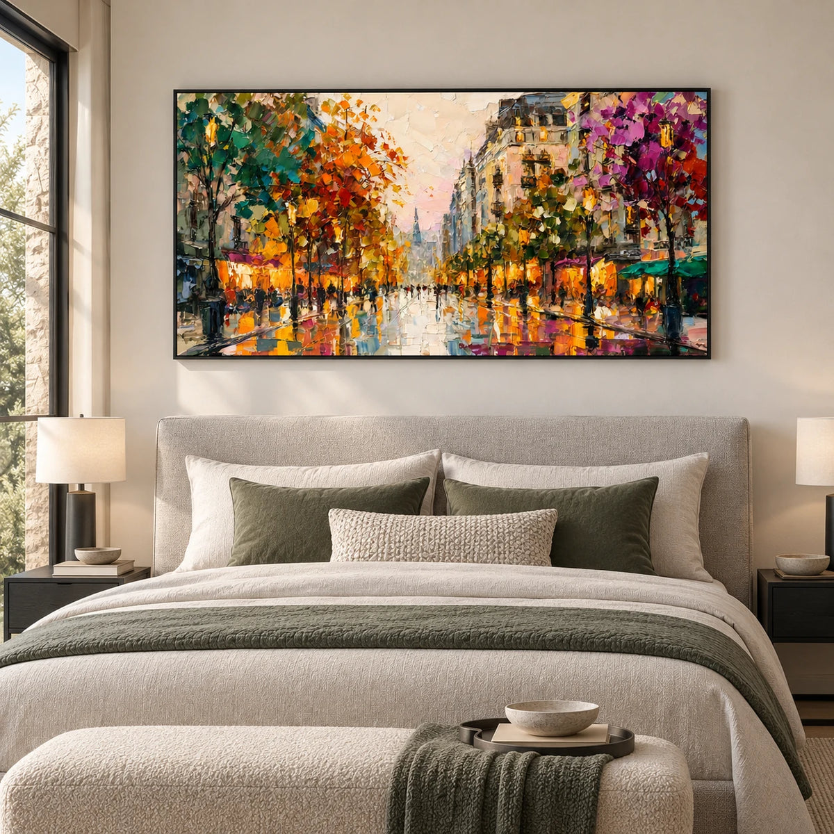 Same room with Colorful Cityscape Wall Art AA#3006 in Black Frame