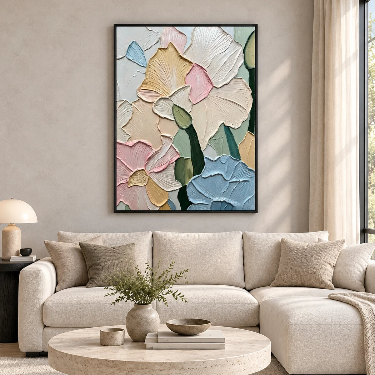 Same room with Pastel Petal Textured Art AA#3021 in Black Frame