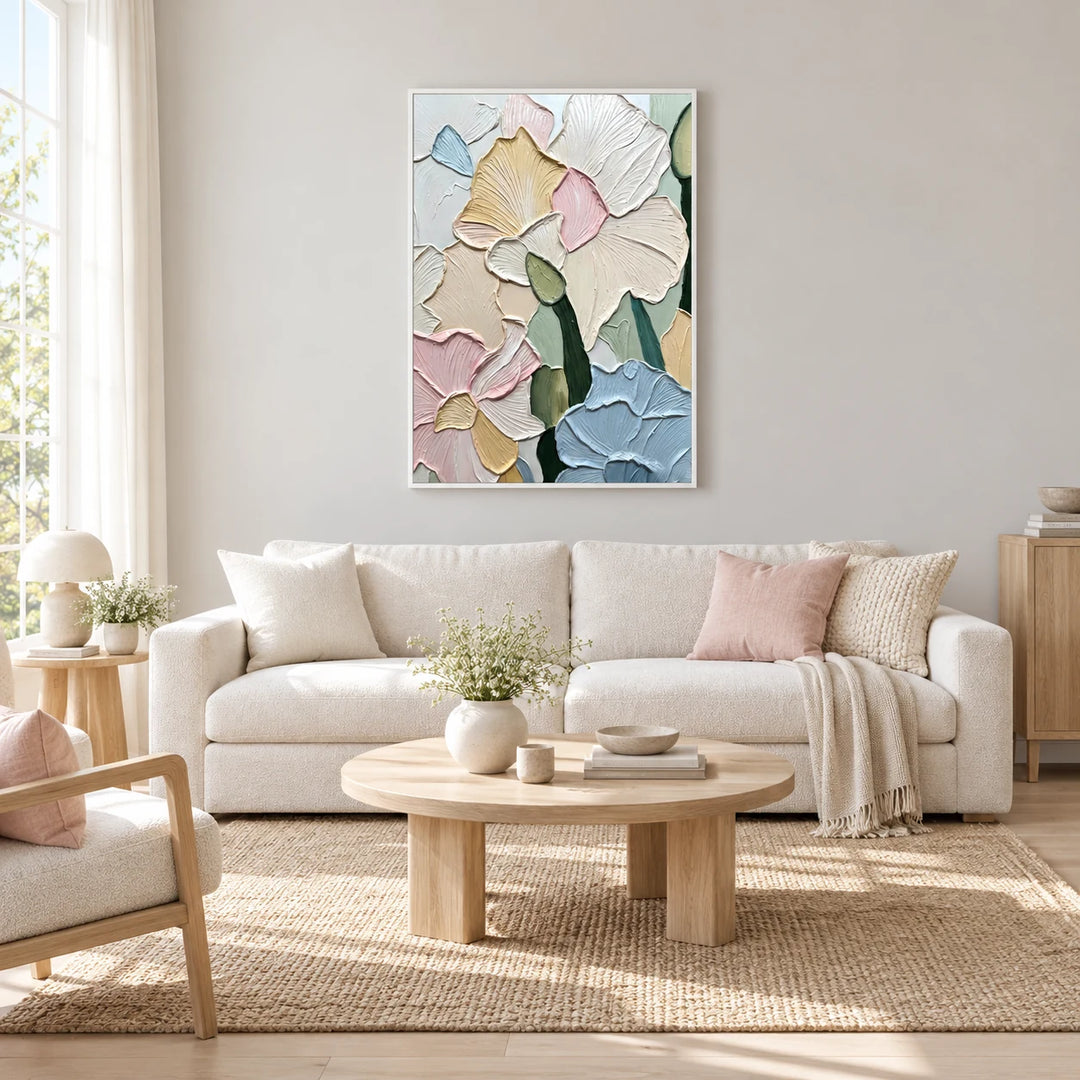 AA3021 textured artwork in white frame, full styled home interior