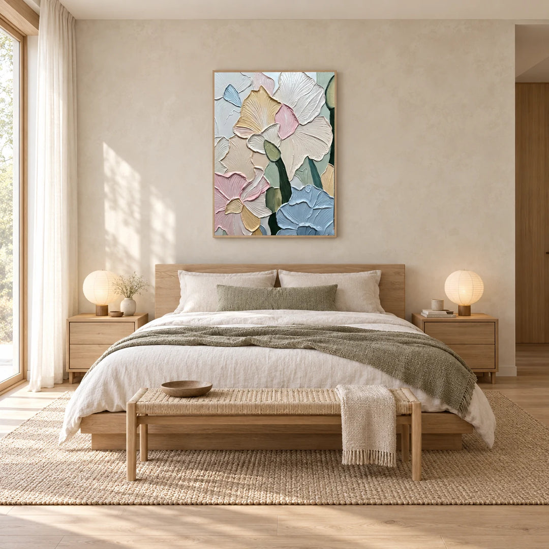 AA3021 textured artwork in wood frame, full styled home interior