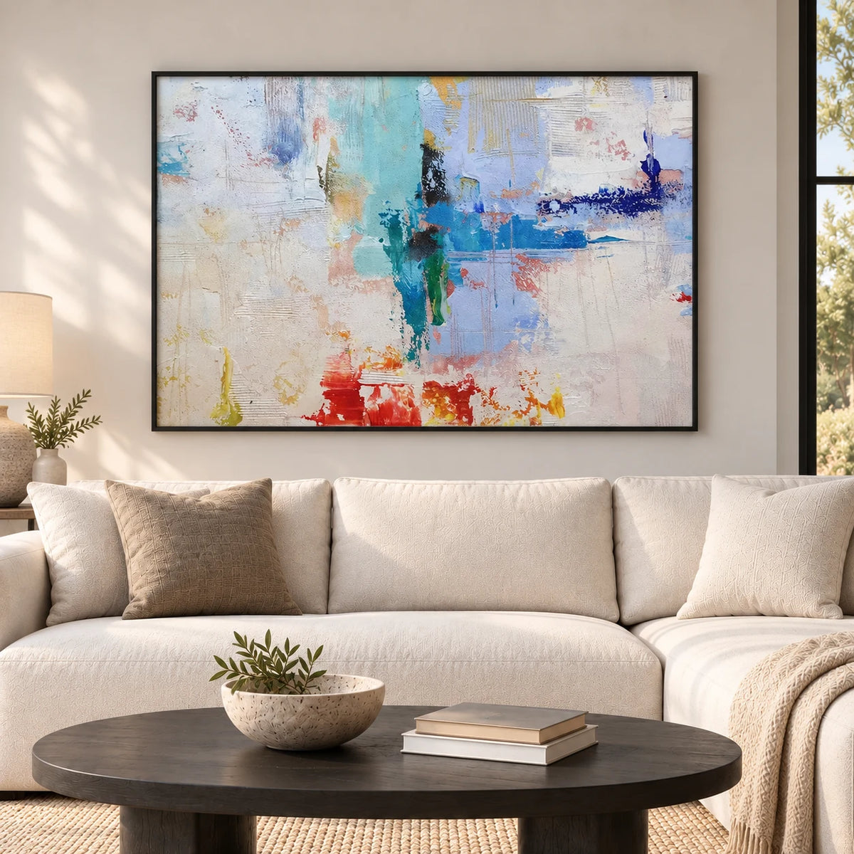 Same room with Pastel Abstract Wall Art AA#3034 in Black Frame