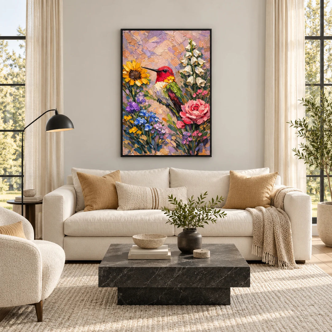 AI2333 Hummingbird Floral Textured Painting in black frame, full styled home interior