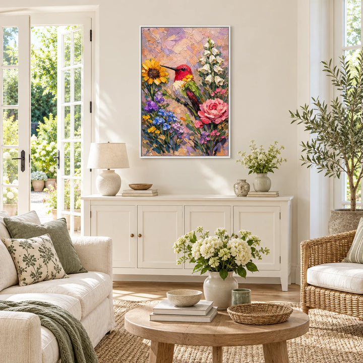 AI2333 Hummingbird Floral Textured Painting in white frame, full styled home interior