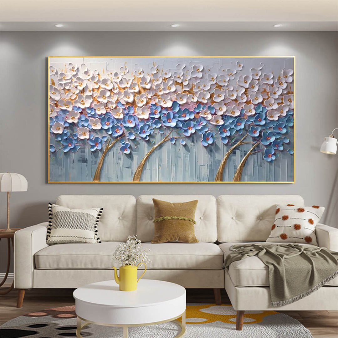 Modern Flower Tree Painting | Blue &amp; White Wall Art 