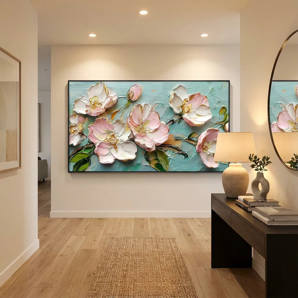 Aqua Blush Peony Relief Painting AA