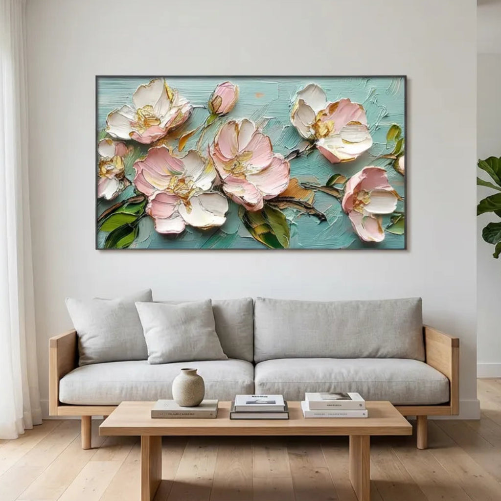 Aqua Blush Peony Relief Painting AA