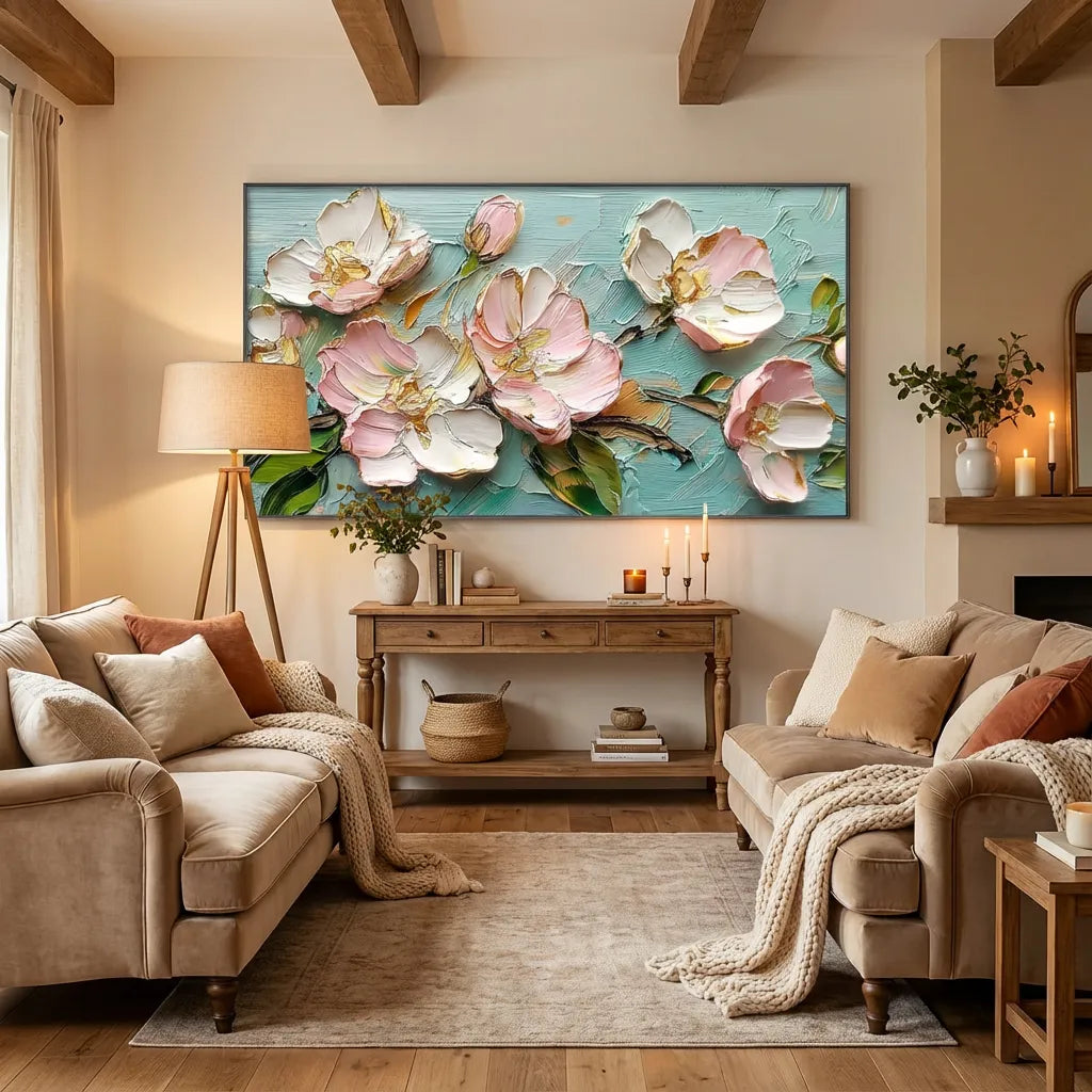 Aqua Blush Peony Relief Painting AA