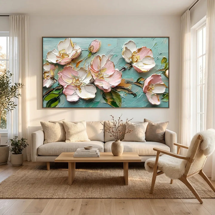 Aqua Blush Peony Relief Painting AA