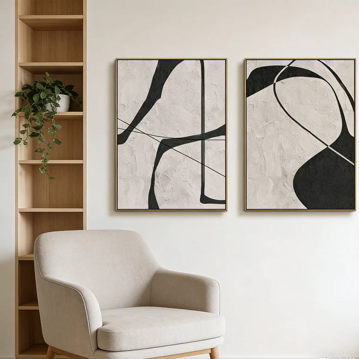 Black and White Minimalist Diptych Abstract Painting TA
