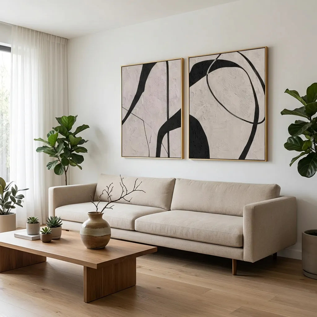 Black and White Minimalist Diptych Abstract Painting TA