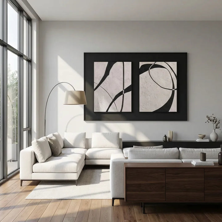 Black and White Minimalist Diptych Abstract Painting TA