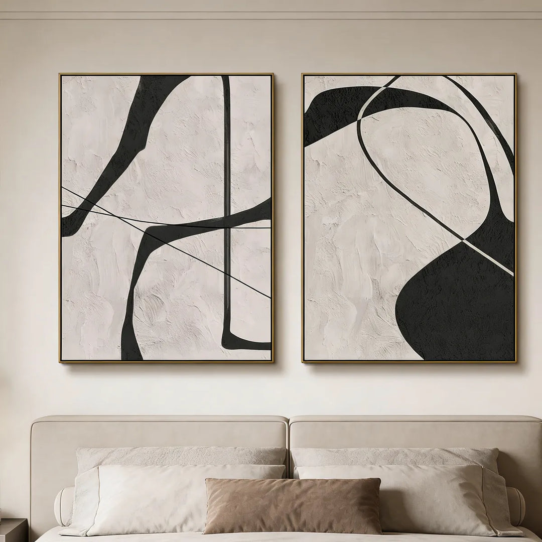 Black and White Minimalist Diptych Abstract Painting TA