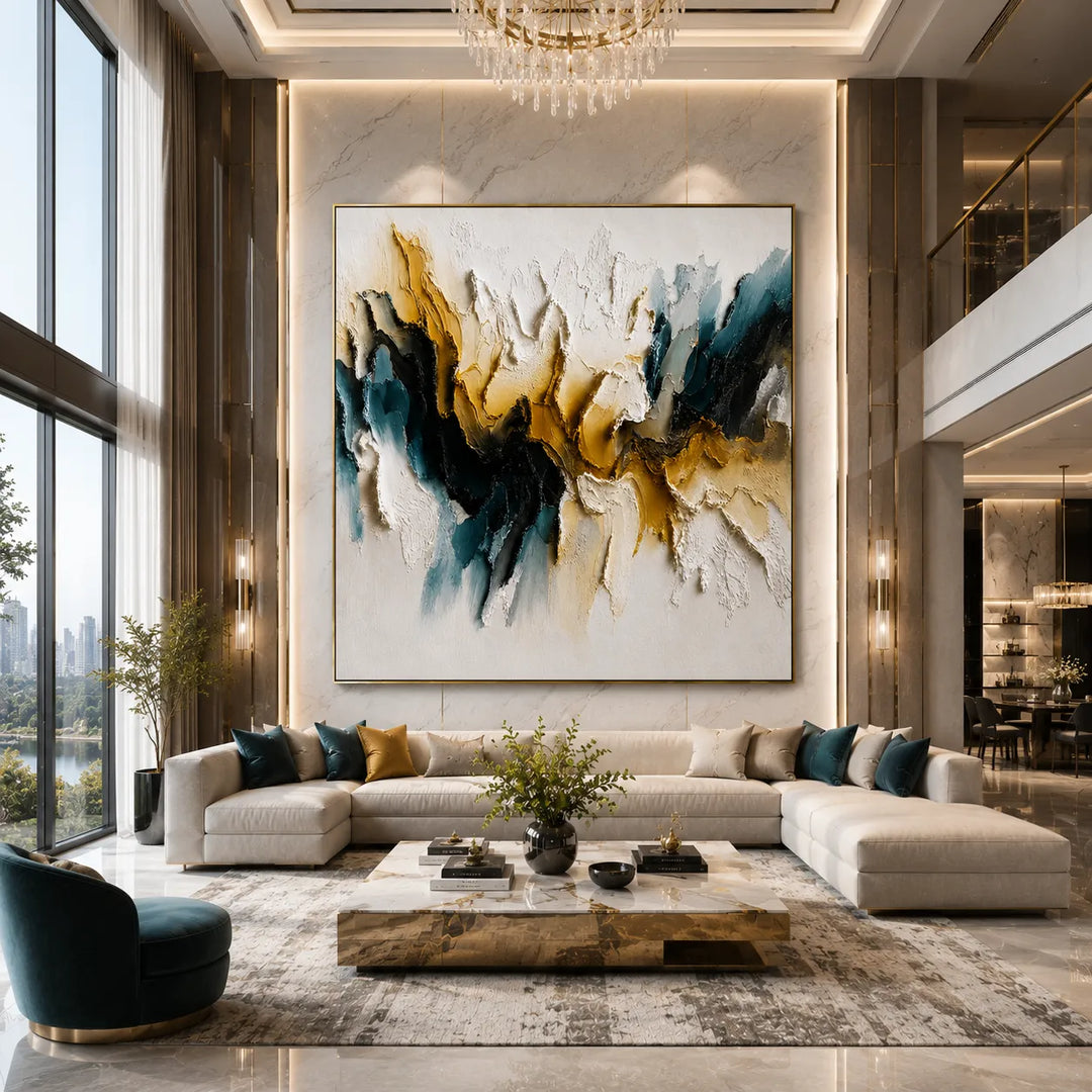Blue White Abstract Textured Oil Painting AA