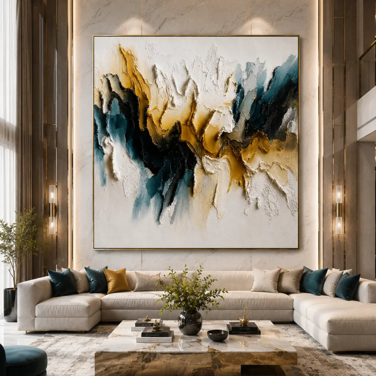 Blue White Abstract Textured Oil Painting AA#0602 — Existing room preview room preview