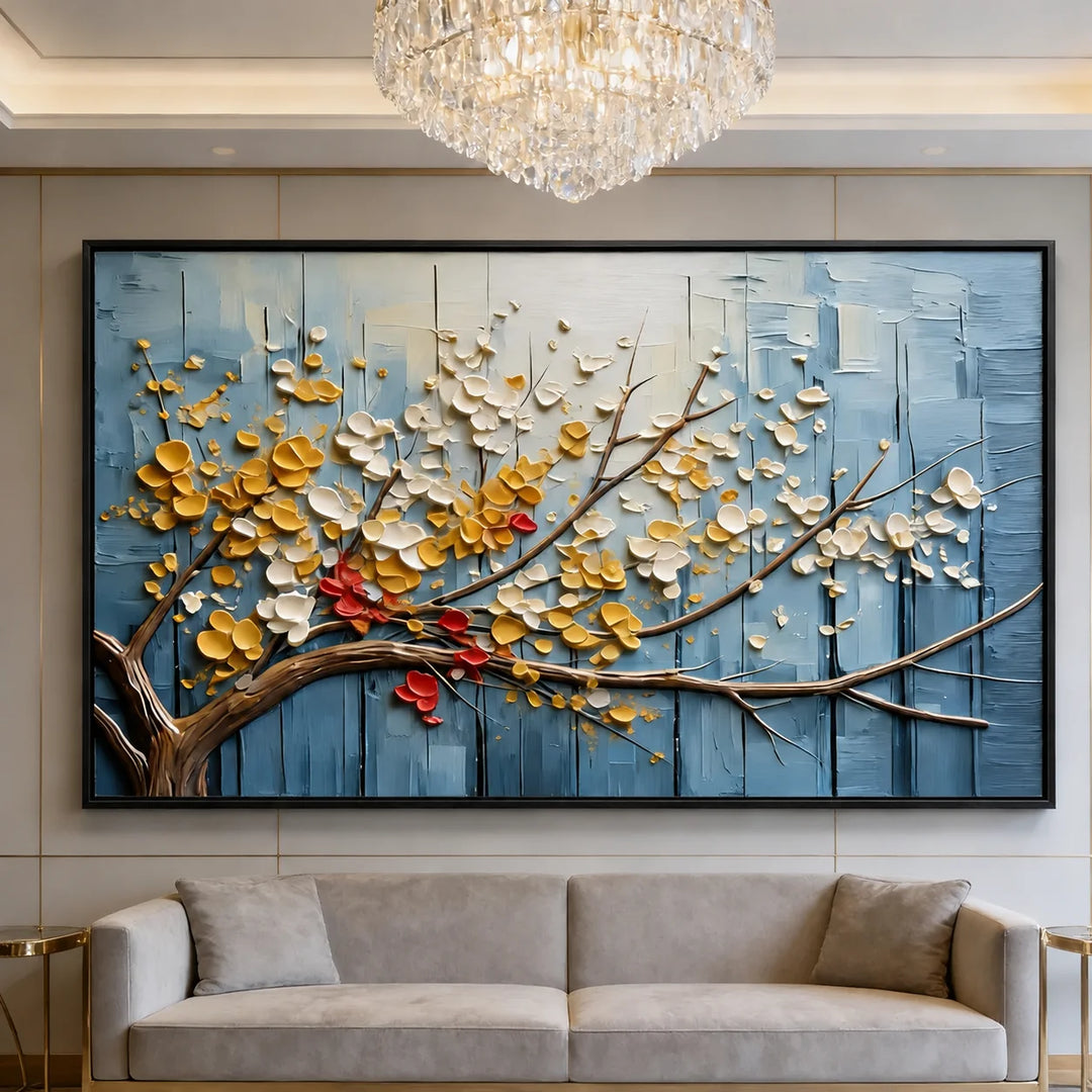 Tableau abstrait floral texturé bleu TA