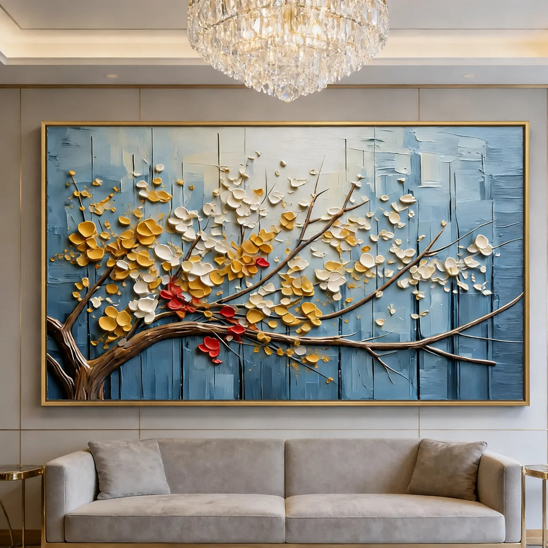 Tableau abstrait floral texturé bleu TA