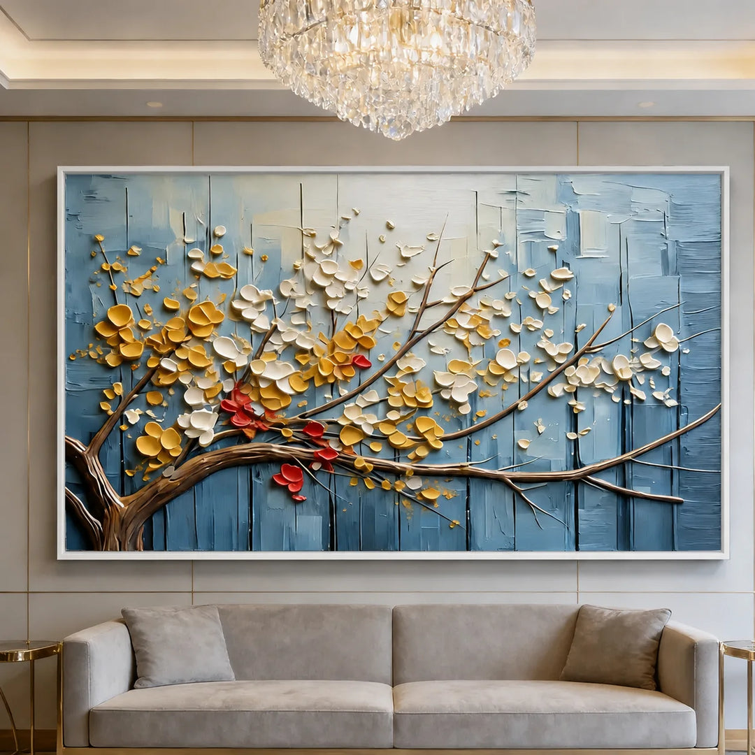 Tableau abstrait floral texturé bleu TA