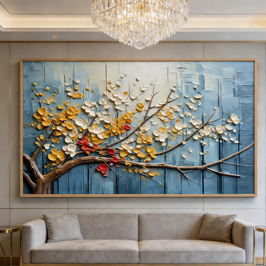 Tableau abstrait floral texturé bleu TA