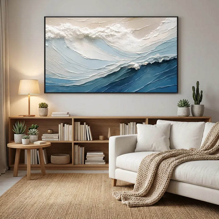 Blue and White Minimal Wave Textured Painting TA