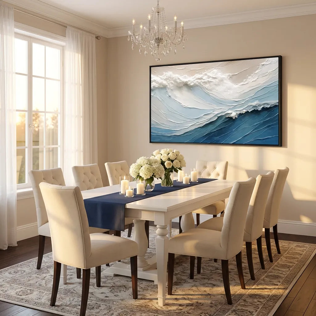 Blue and White Minimal Wave Textured Painting TA