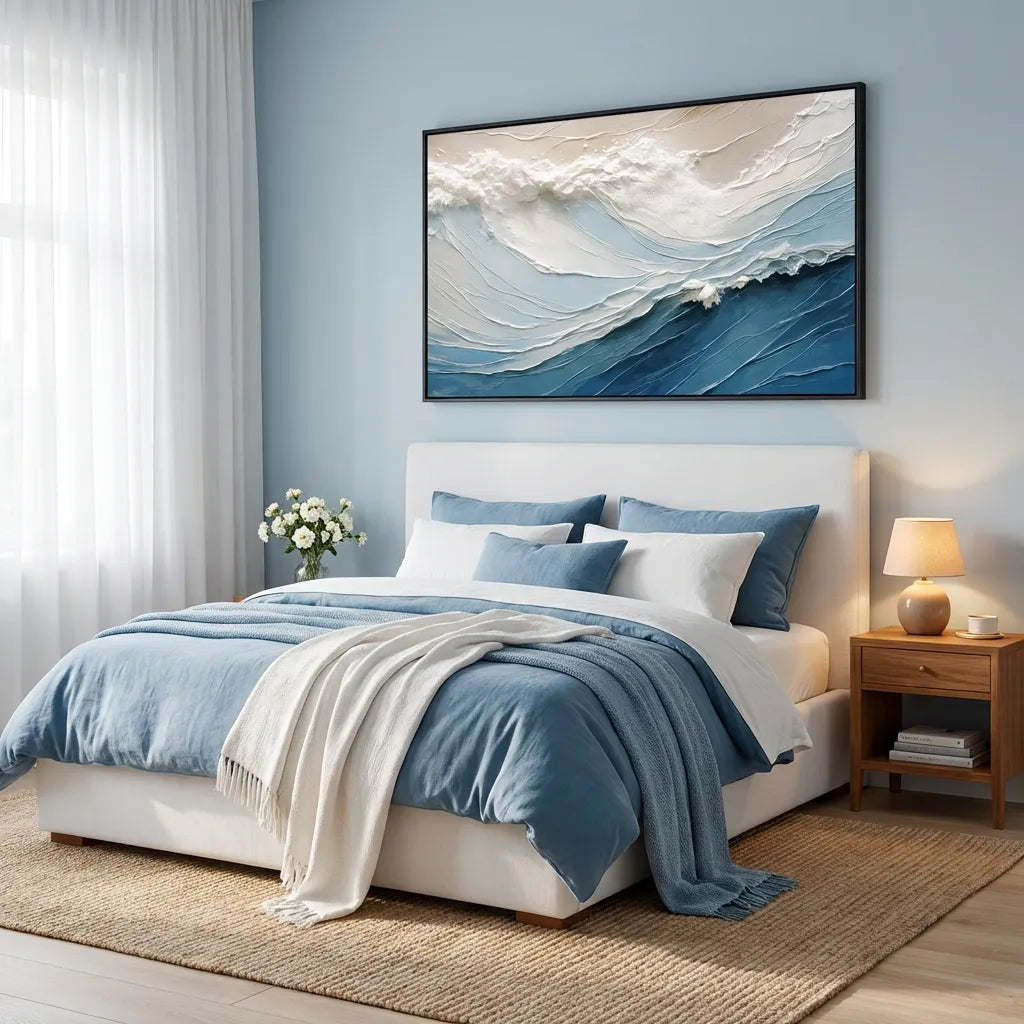 Blue and White Minimal Wave Textured Painting TA