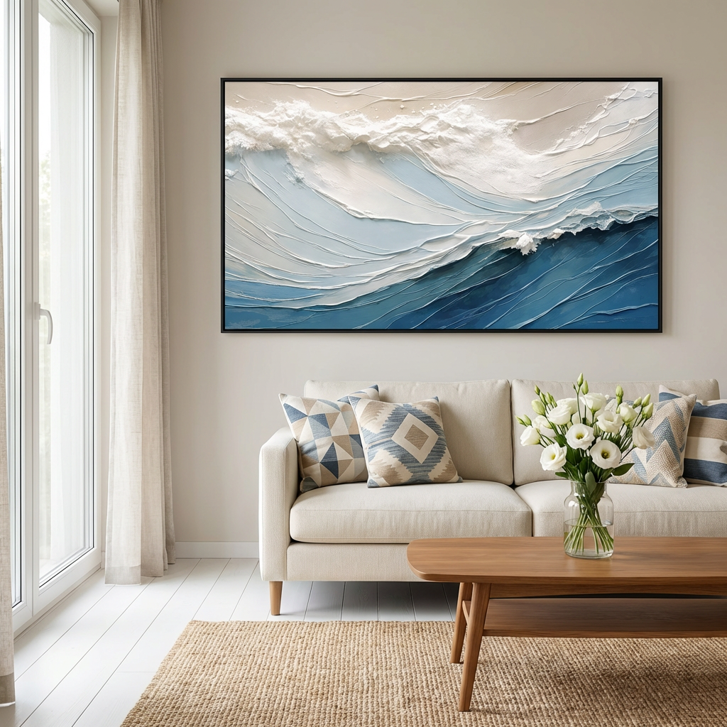 Blue and White Minimal Wave Textured Painting TA#2912