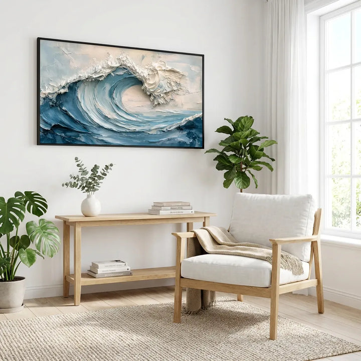 Blue and White Textured Wave Painting TA