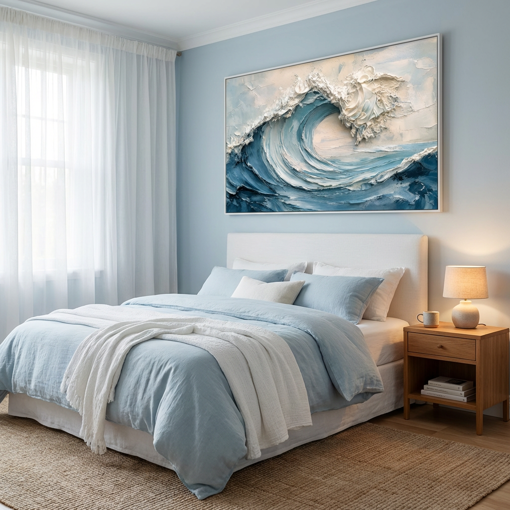 Blue and White Textured Wave Painting TA#2911