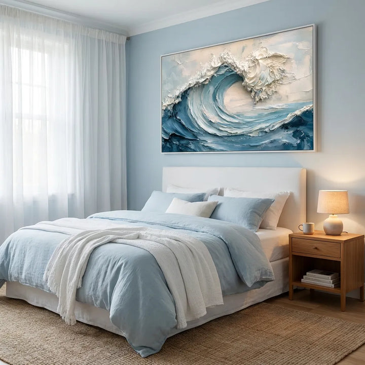 Blue and White Textured Wave Painting TA