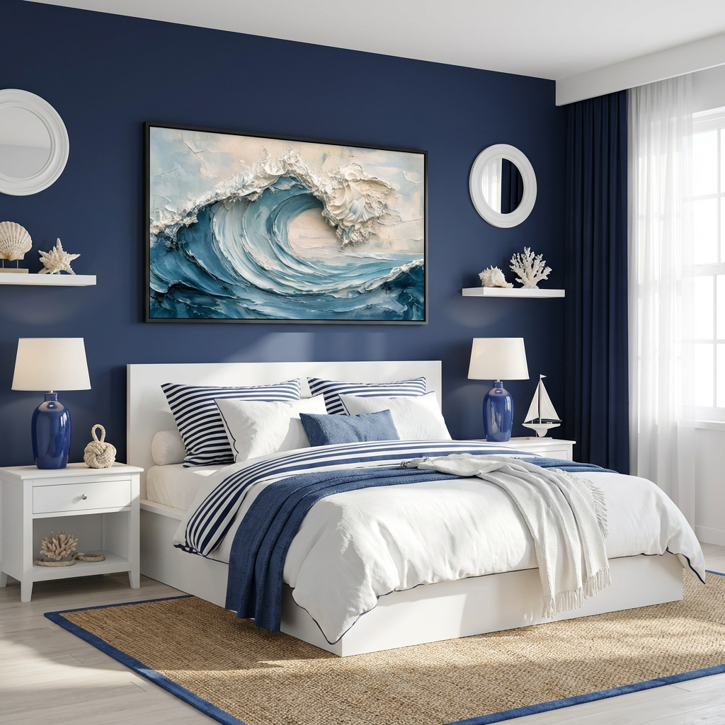 Blue and White Textured Wave Painting TA#2911