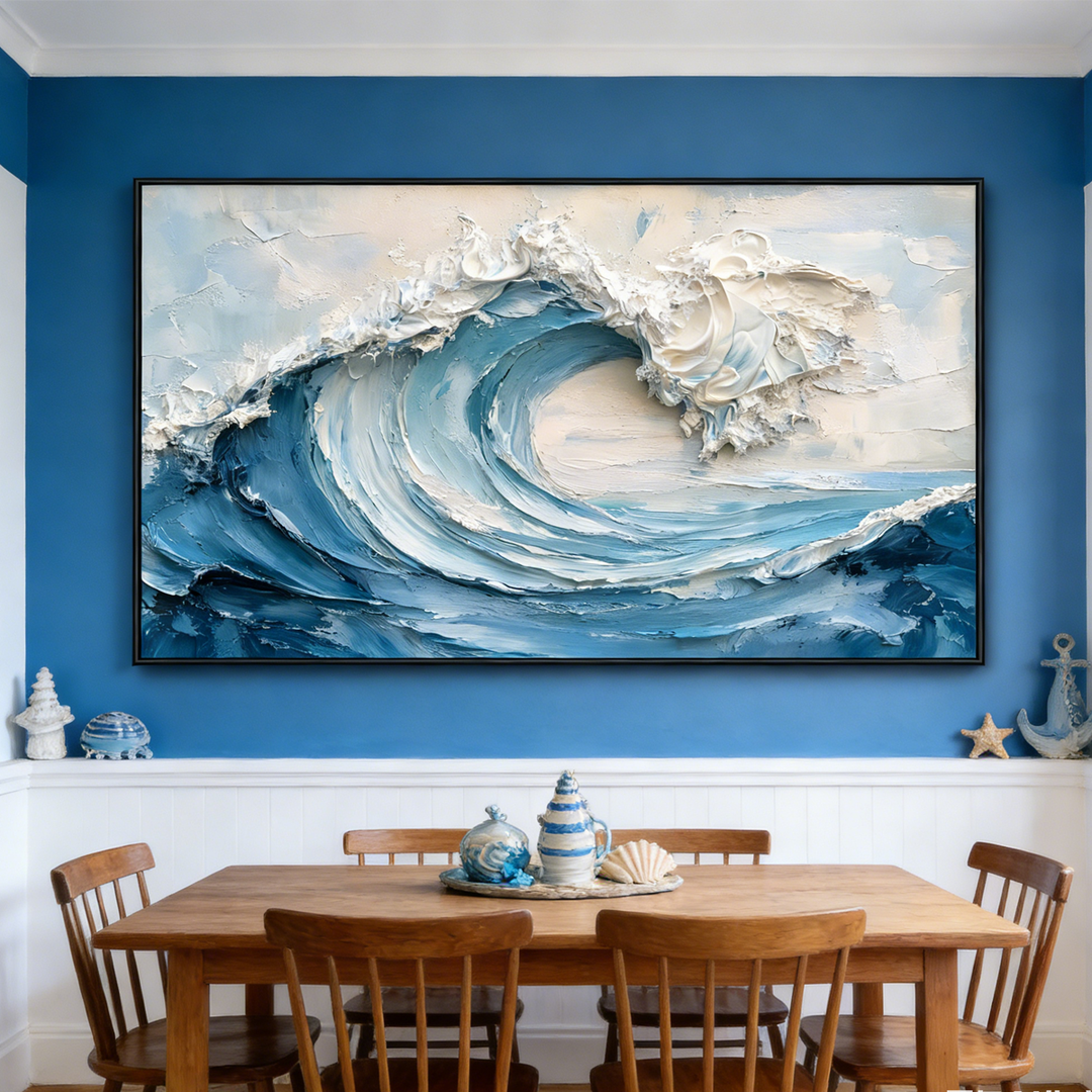 Blue and White Textured Wave Painting TA#2911