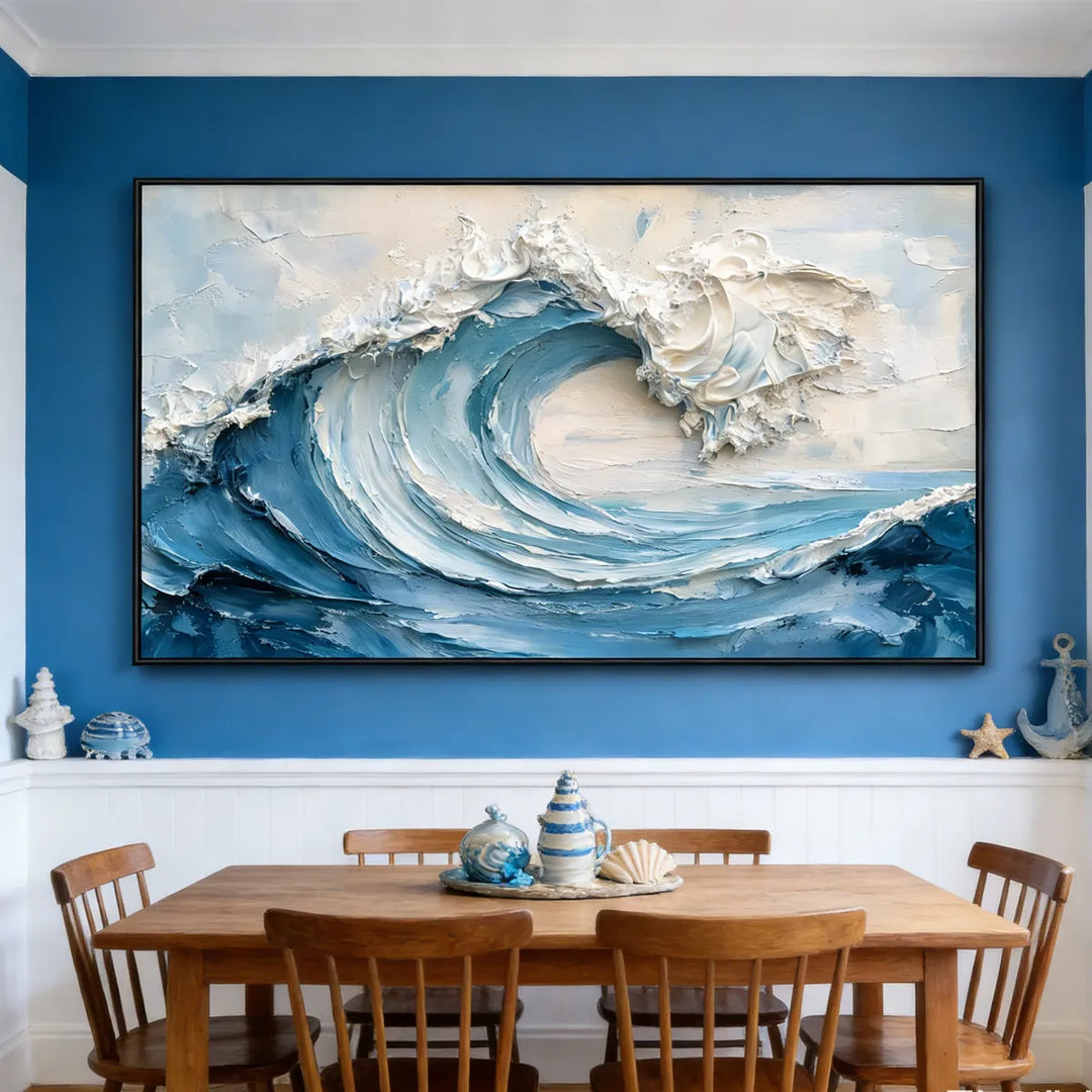 Blue and White Textured Wave Painting TA