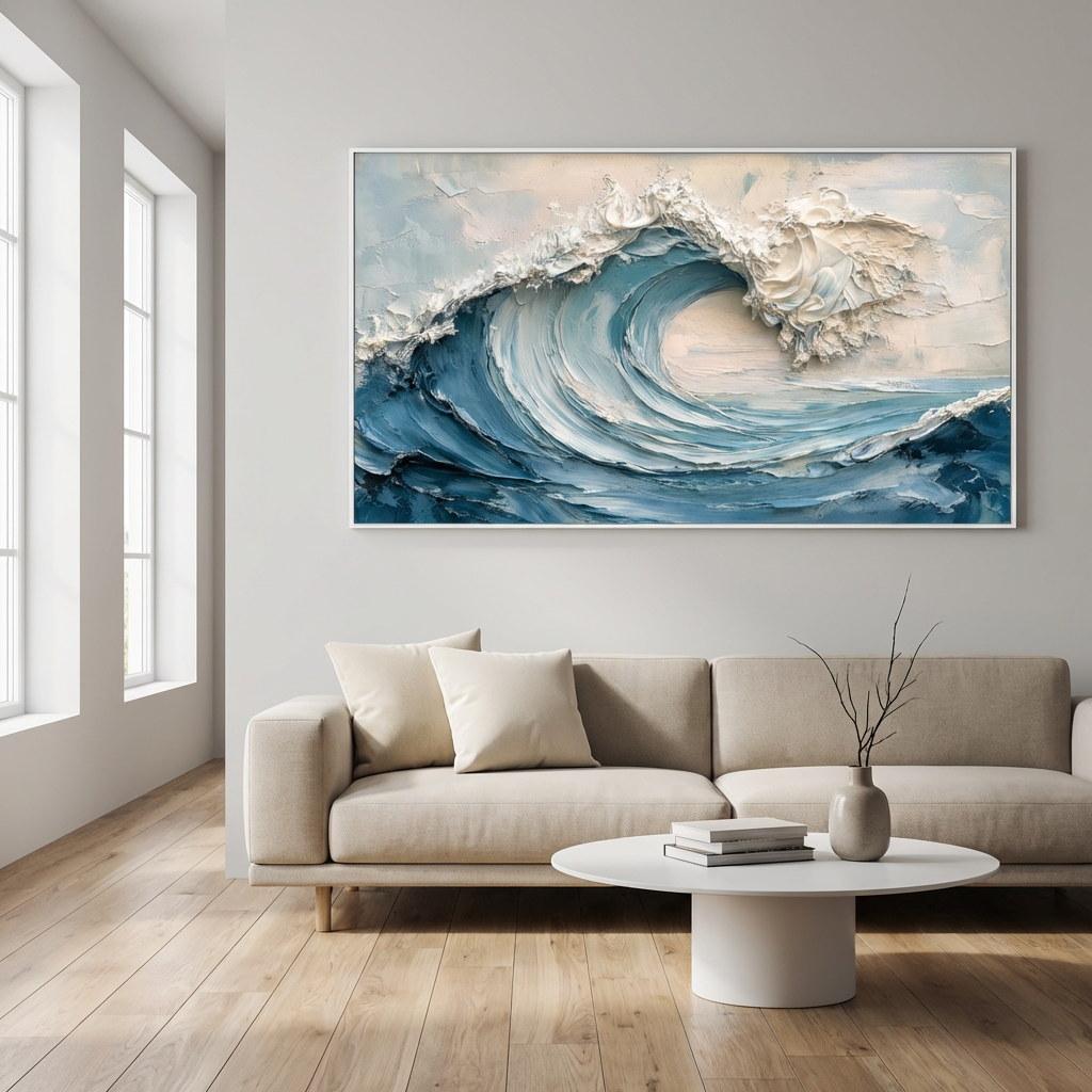 Blue and White Textured Wave Painting TA#2911