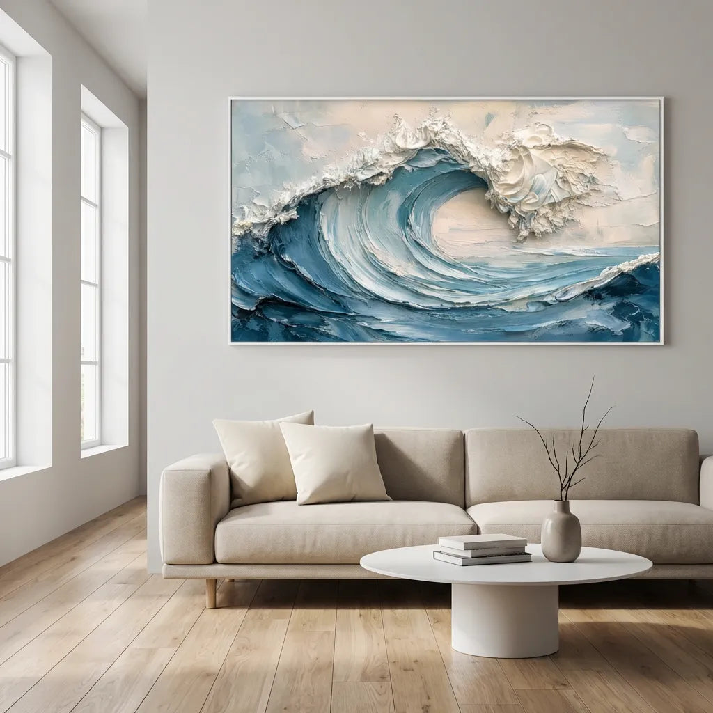 Blue and White Textured Wave Painting TA