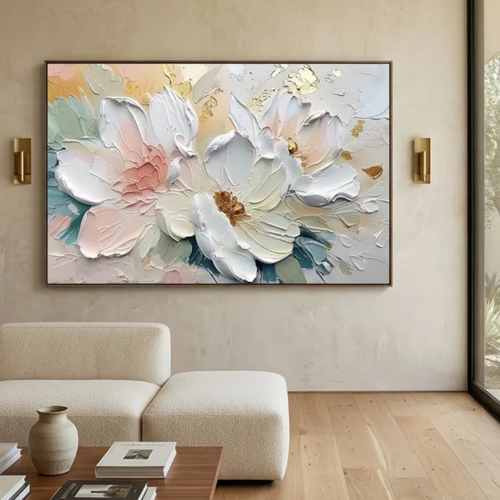 Blush &amp; Gold Peony Thick Impasto Floral Canvas Art TA