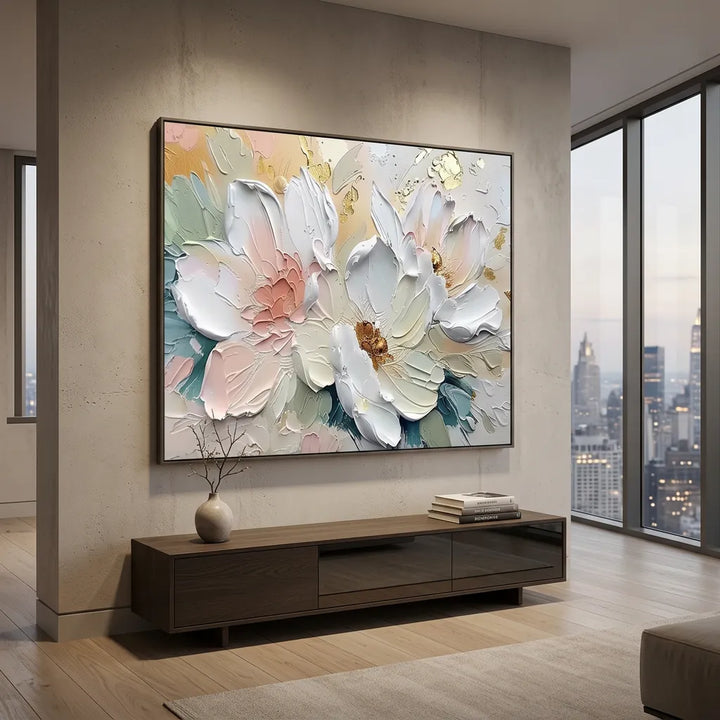 Blush &amp; Gold Peony Thick Impasto Floral Canvas Art TA