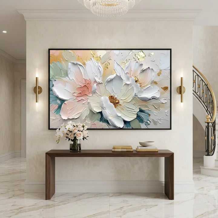 Blush &amp; Gold Peony Thick Impasto Floral Canvas Art TA