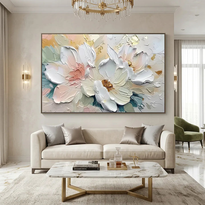 Blush &amp; Gold Peony Thick Impasto Floral Canvas Art TA