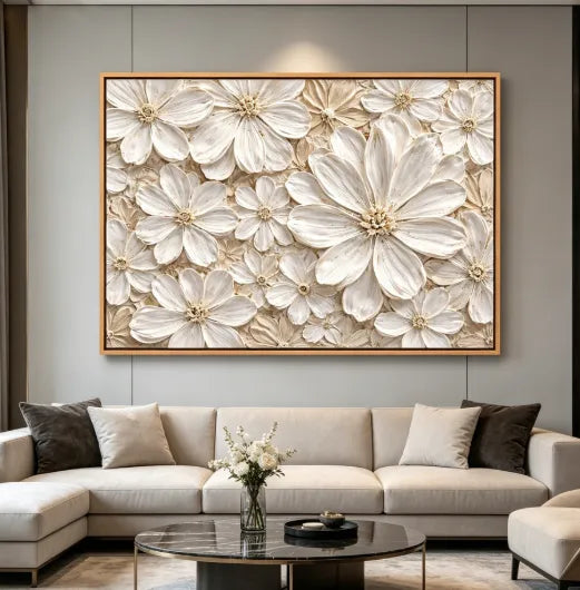 Cream Floral Relief 3D Monochrome Oil Painting HP