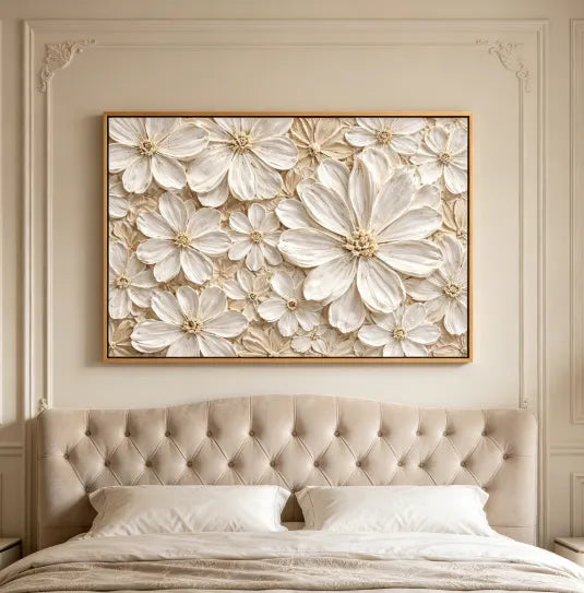 Cream Floral Relief 3D Monochrome Oil Painting HP