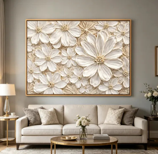 Cream Floral Relief 3D Monochrome Oil Painting HP