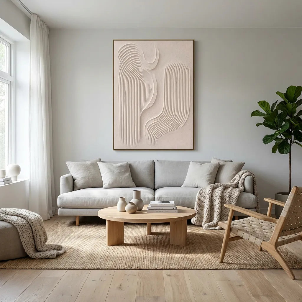 Cream Ivory Grooved Relief Abstract Painting TA