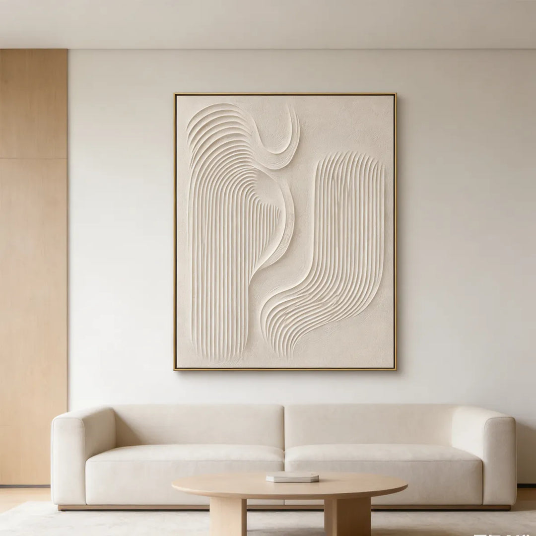 Cream Ivory Grooved Relief Abstract Painting TA