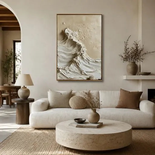 Cream Textured Wave 3D Impasto Oil Painting HP