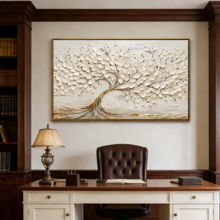 Cream White Textured Tree Relief Painting TA